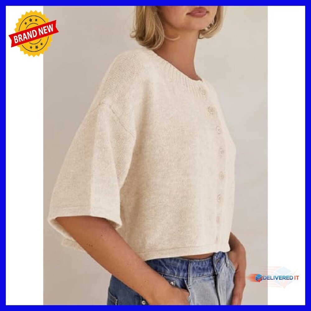 3/4 Sleeve Cropped Cardigan Sweater Button Down Crewneck Knit Top - Picture 5 of 8